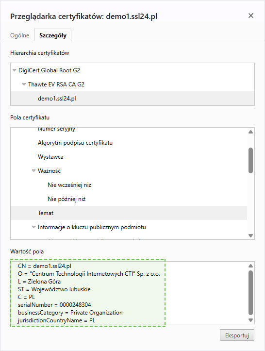 Podgląd danych certyfikatu EV w Google Chrome